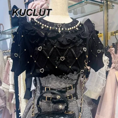 

Милые и милые повседневные футболки в японском стиле, мягкие женские футболки массового производства с бантом и пышными рукавами, полый вязаный топ