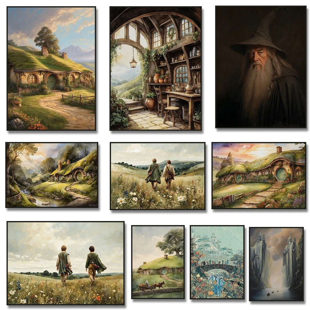 The S-Shire acuarela H-Hobbiton agujero bolsa final cuadro sobre lienzo para pared paisaje impresión de carteles para decoración del hogar y la sala de estar