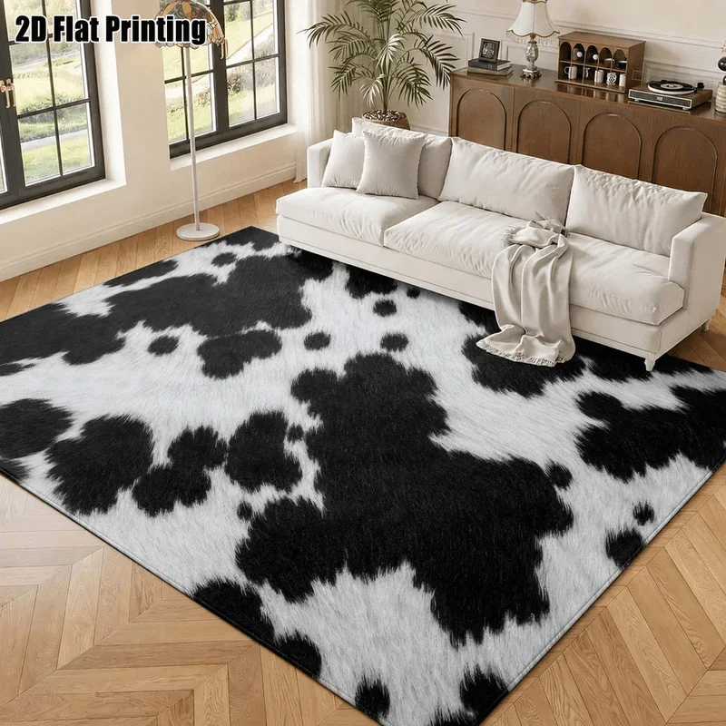 1Pc Nordic Cowhide Pattern Carpet, Retro Art Decorative Rug for Living Room, Bedroom, Dining Room, Bedside, Indoor and Outdoor P