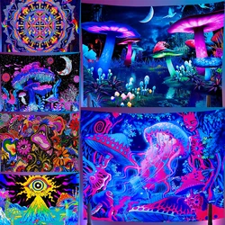 Tapeçaria fluorescente psicodélica uv, cogumelo, decoração de casa, suspensão de parede, bruxaria, caveira, flores brilhantes sob luz azul