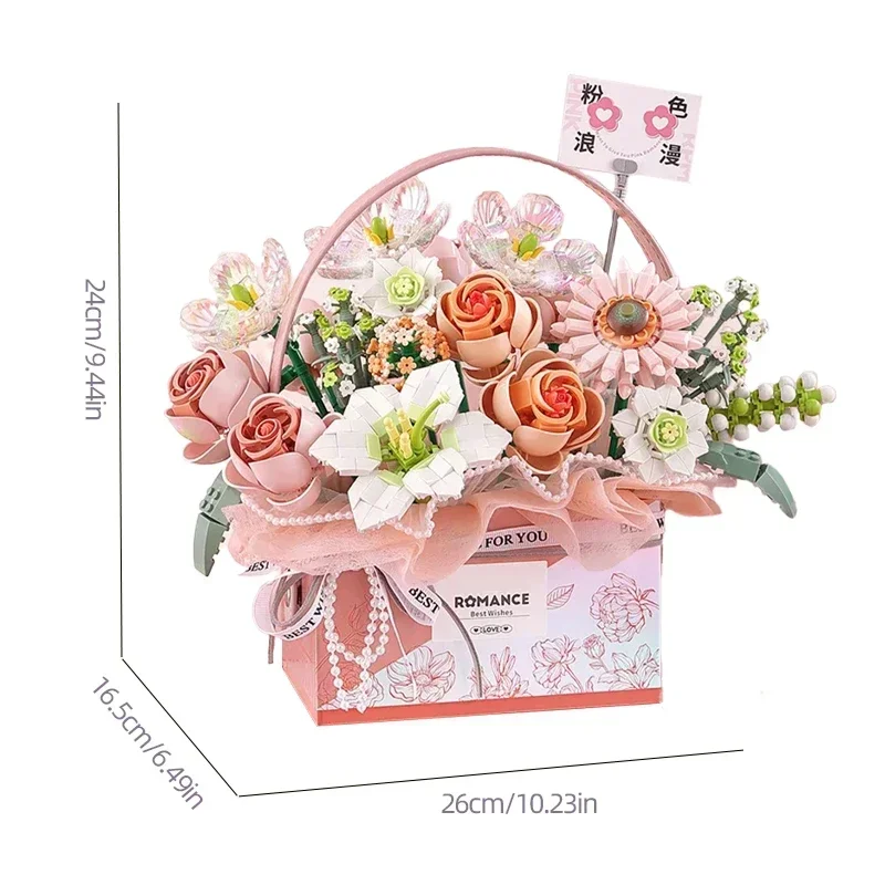 Creative Pink Rose Basket Bouquet Building Blocks for Girls Assembled Preserved Fresh Flower Teacher\'s Day Gift