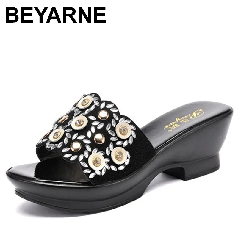 Women Slipper\'s Ladies Summer Slippers Shoes Women Wedges Heels Fashion Rhinestone Summer Shoes Geuine Leather