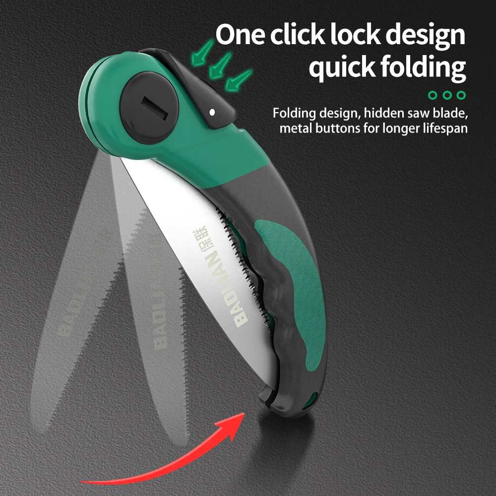 منشار يدوي عالي التحمل قابل للطي آلية قفل بزر واحد، شفرة فولاذية مقاومة للصدأ للتخييم والنجارة والبستنة #2