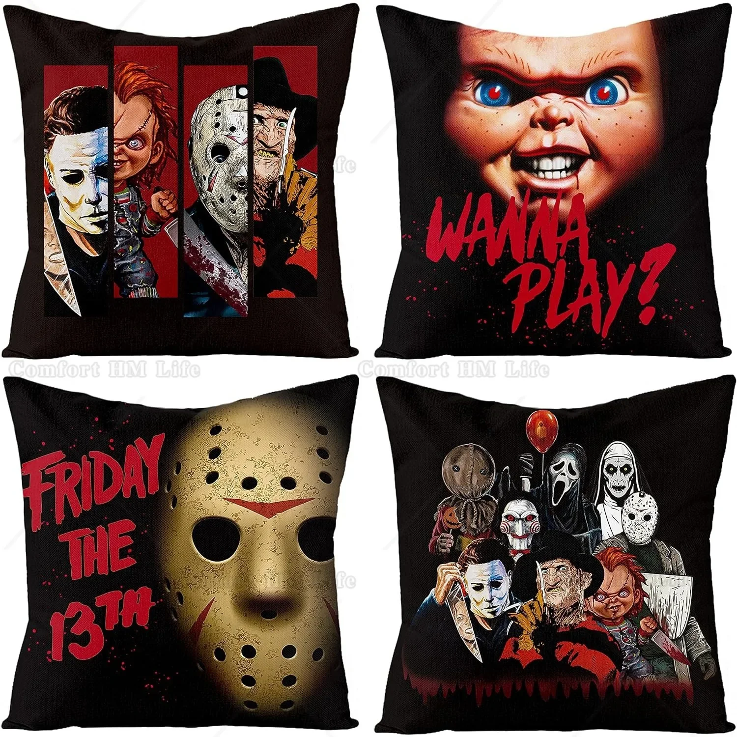 

4Pcs Horror Classic Movie Characters Pillow Covers 18x18 Inch Halloween Throw Pillowcases Linen Decorative Square Cushion Covers