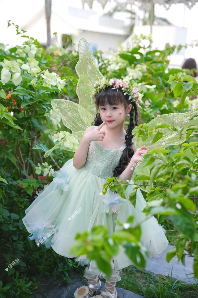 Sweet Baby Girl High End Heavy Green Elf Princess Dress 2026 New Summer Kids Pearls Sequin Mesh Flower Girl Birthday Tutu Dress
