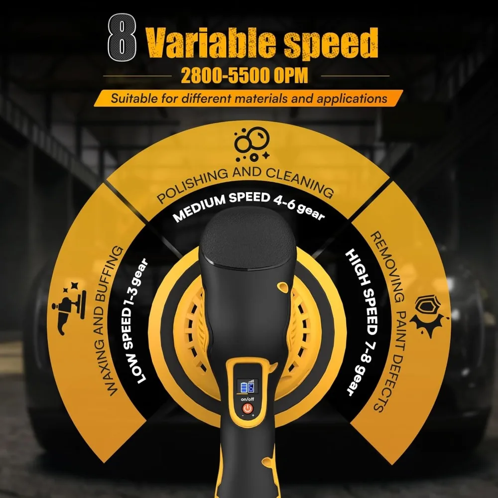 Cordless Car Buffer Polisher Kit, 6-Inch Brushless Dual Action, 8-Speed 5500RPM, Lightweight with 14 Accessories