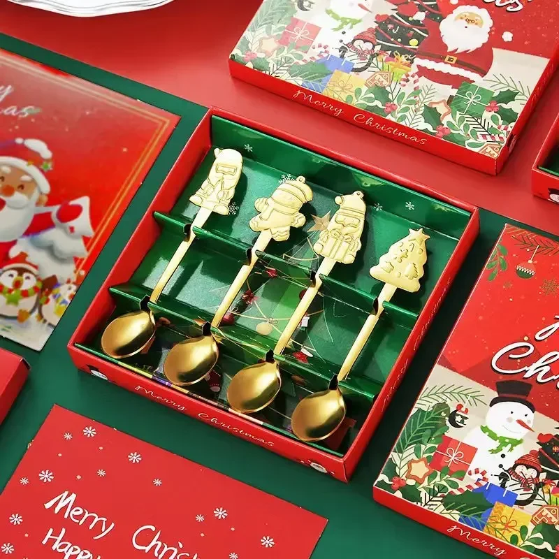 New Creative Christmas Spoon Gift Box Stainless Steel Tableware Cartoon Gingerbread Man Coffee Spoon Color Box Set