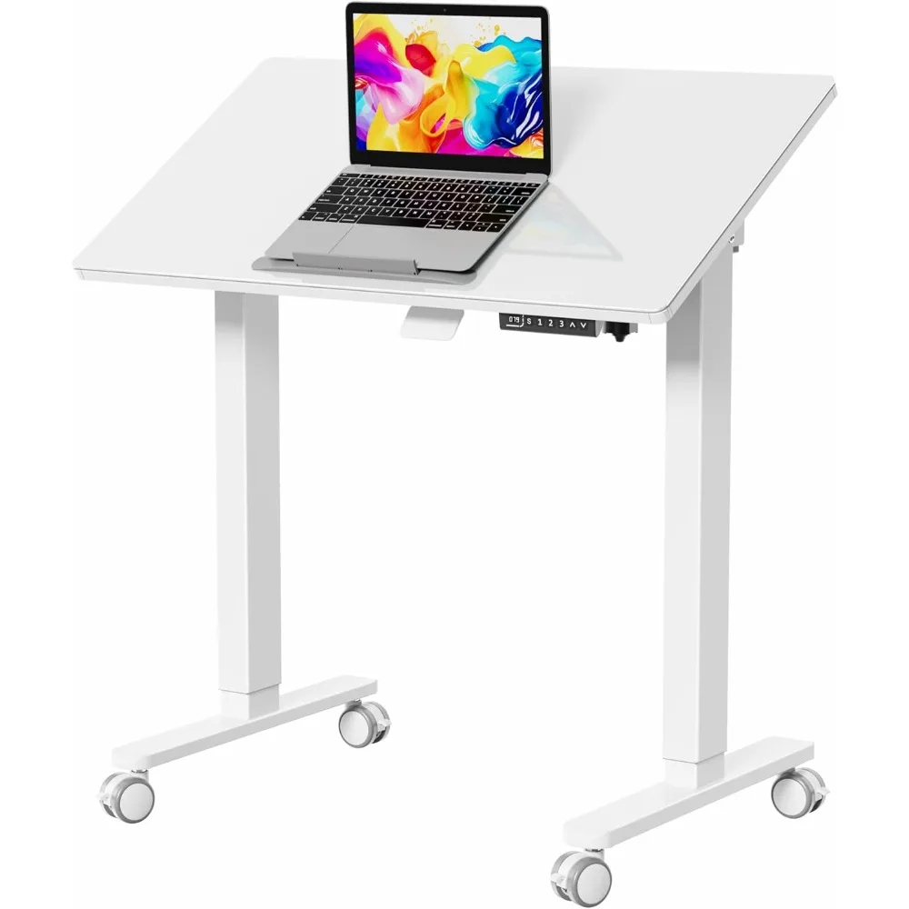 

35inch Glass Standing Desk，90° Tiltable Mobile Rising Desk Height Adjustable，Whole Piece Rolling Sit Stand Table with Wheels，Fol