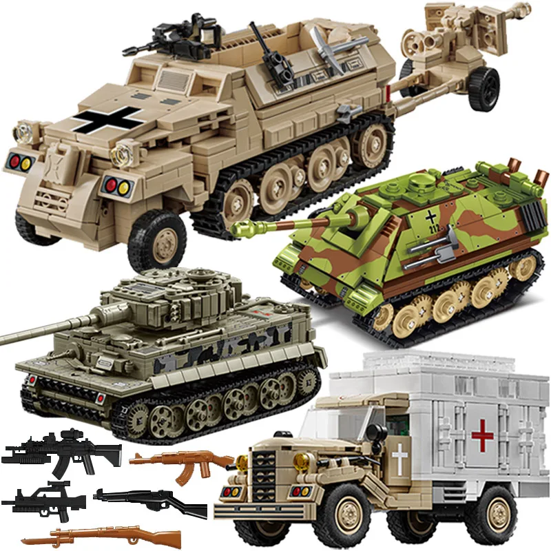 Military WW2 Armor Halftrack Battlefield Medical Vehicle Tiger Heavy Tank Building Blocks BM-13 Rocket Artillery Bricks Toy Gift