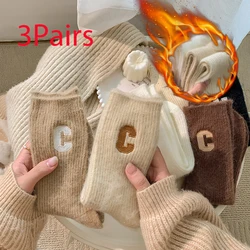 3 Pairs Cashmere Wool Socks for Woman Middle Tube Letter C Boot Socks Luxury Brand Thick Casual Fashion Comfortable