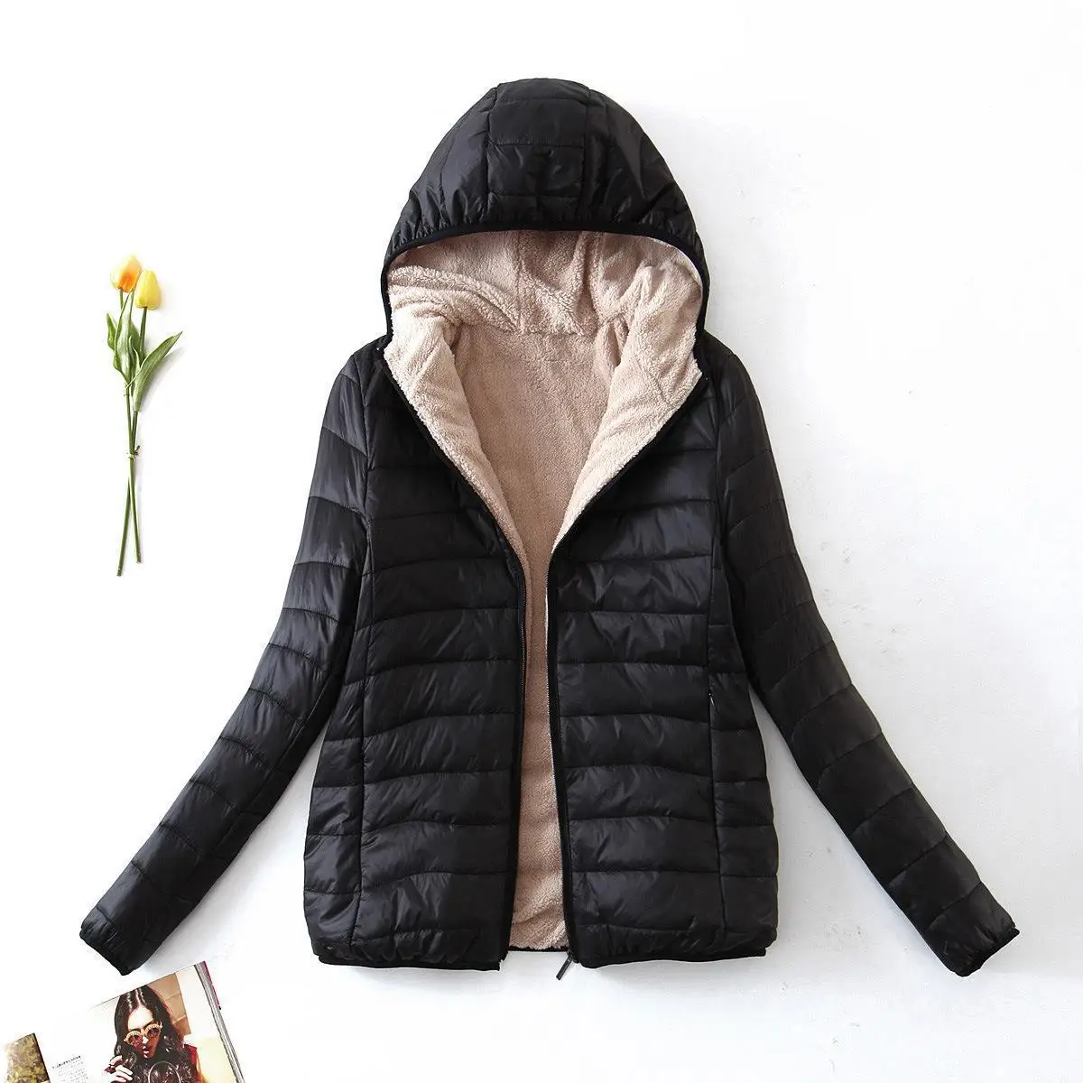 Autumn Winter New Medium-length Korean Style Hooded sSim Plus Velvet Cotton-padded Jacket Warm Faux Lamb Wool Top Female Coat