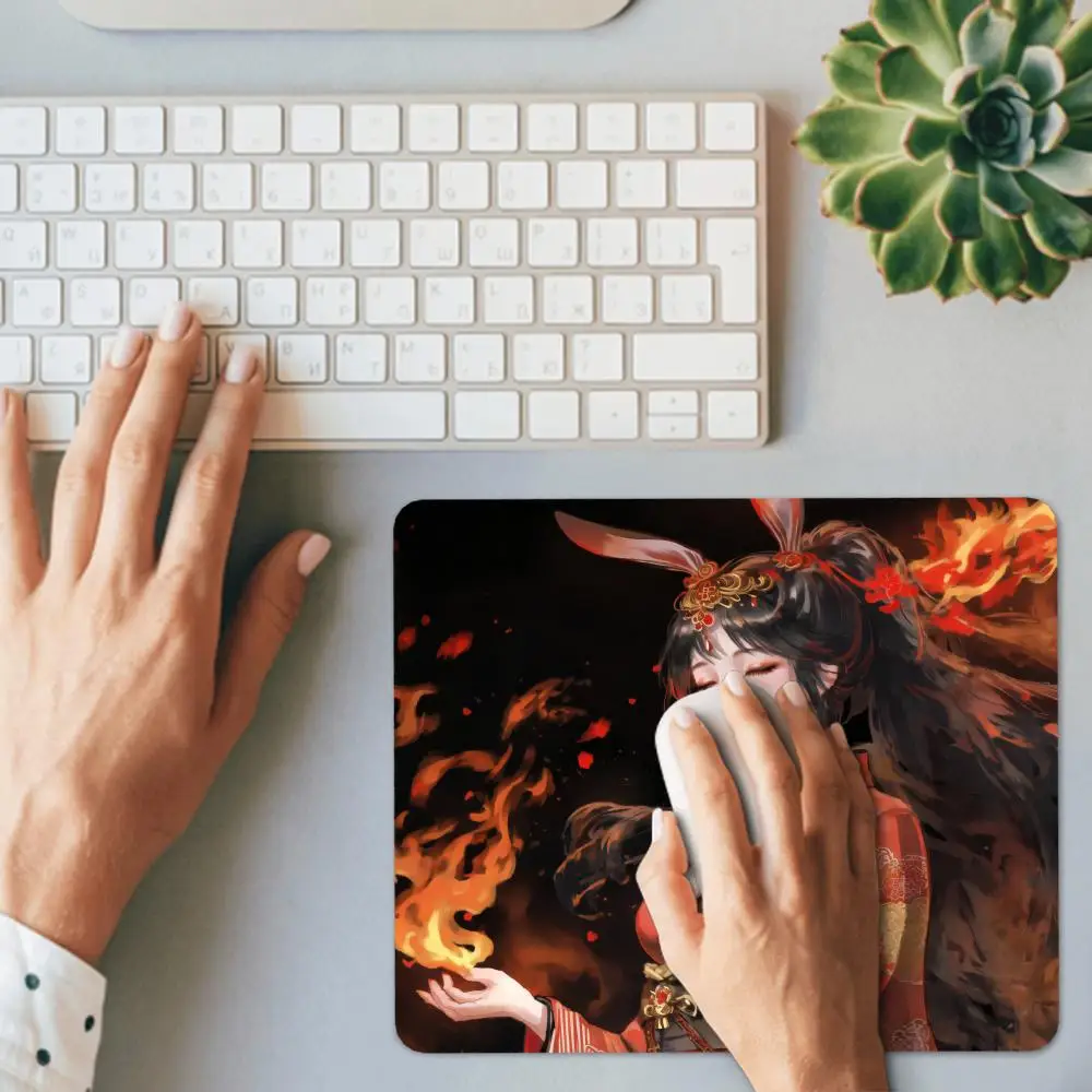HYBXAXC  Japanese Fox Ear Girl Flame Mouse Pad Small Mousepad Rubber Base Desk Mat for Computer Laptop Gaming