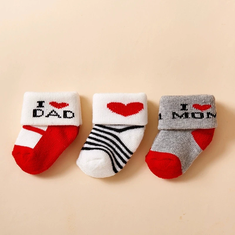 3pair/set 0-1Y Autumn Winter Baby Sock Cute Cartoon Dot Thick Infant Floor Sock Soft Letter Love Mama Dad Newborn Toddler Sock