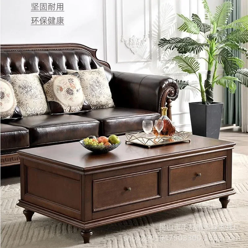 アメリカンカントリー風無垢材コーヒーテーブル、リビングルーム用の古いノスタルジックなアンティークデザイナー製引き出し付きコーヒーテーブル