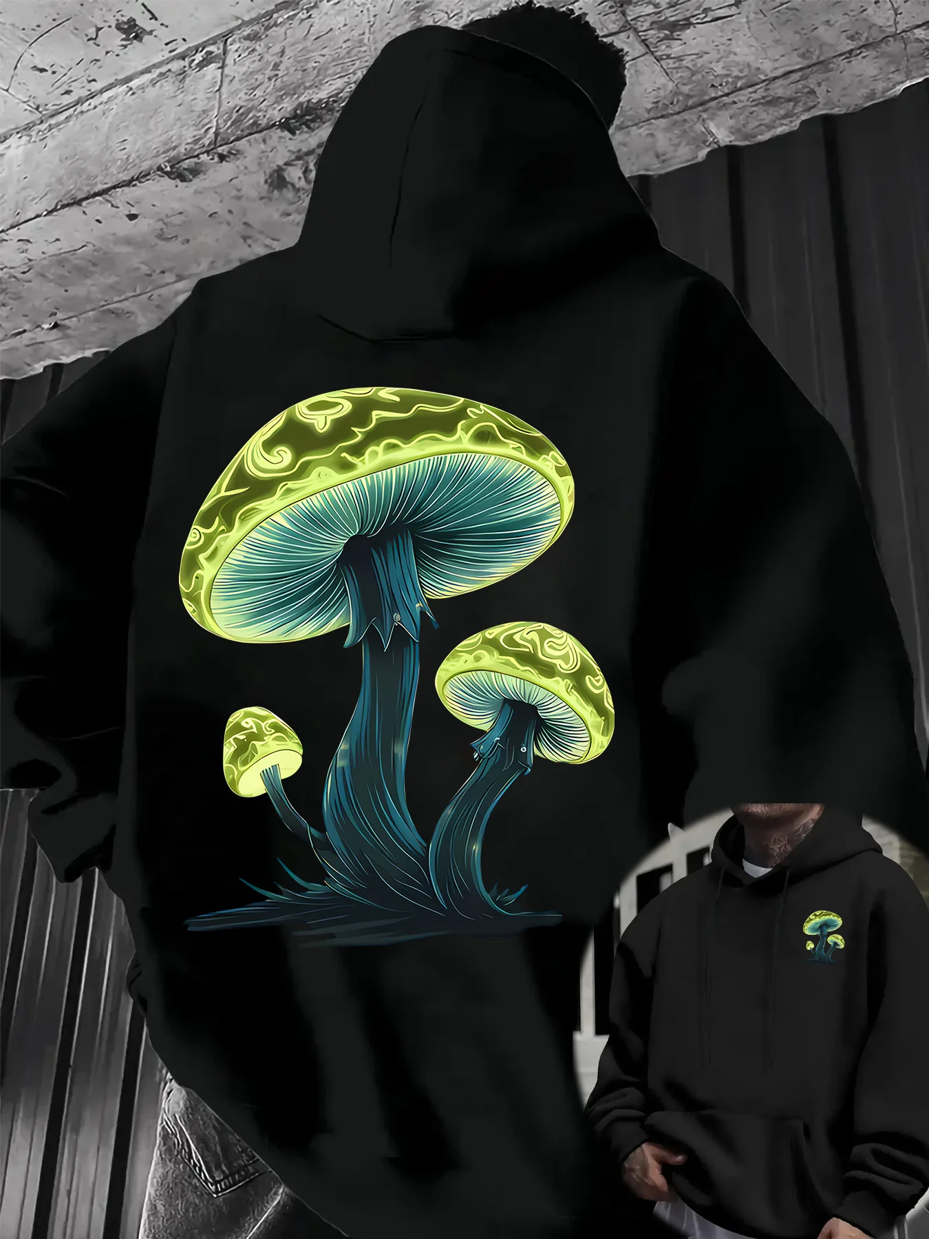 Men Sport Hip Hop Hoodie Glowing Magic Mushroom Back Print Streetwear Loose Fleece Pullover Sweatshirt Casual Mens Outfit