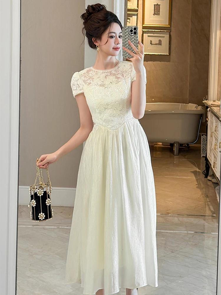 Robe de rencontre élégante de célébrité pour femmes, exquise, dentelle transparente, épissure, taille ajourée, Robe trapèze, charme féminin, fête