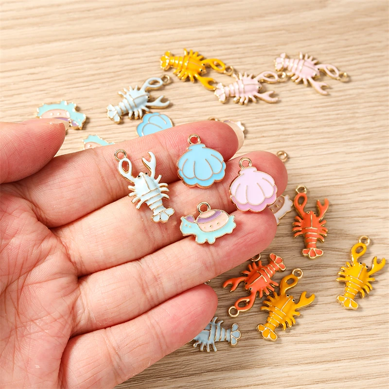 10 Stück niedliche Meereslebewesen-Anhänger, Emaille-Anhänger in Form von Hummer, Schildkröte und Muschel für die Schmuckherstellung, Ohrringe, Anhänger, Halsketten, Bastelbedarf für DIY-Projekte. – Detail 1