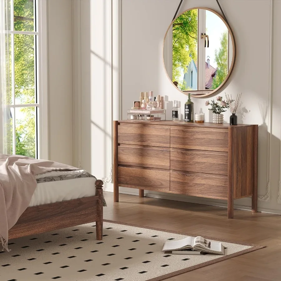 47 خزانة عصرية واسعة لمنتصف القرن لغرفة النوم مع 6 أدراج تخزين كبيرة و4 أرجل أسطوانية من الخشب الصلب من خشب الجوز الفاخر #3