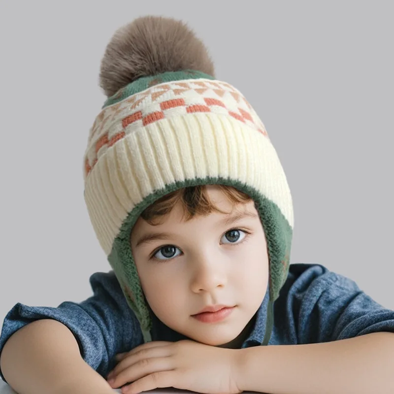 

Winter warm kids' thick knit hat—cute small tree pattern, Lei Feng ear flaps for windproof.Soft skin-friendly, locks warmth well