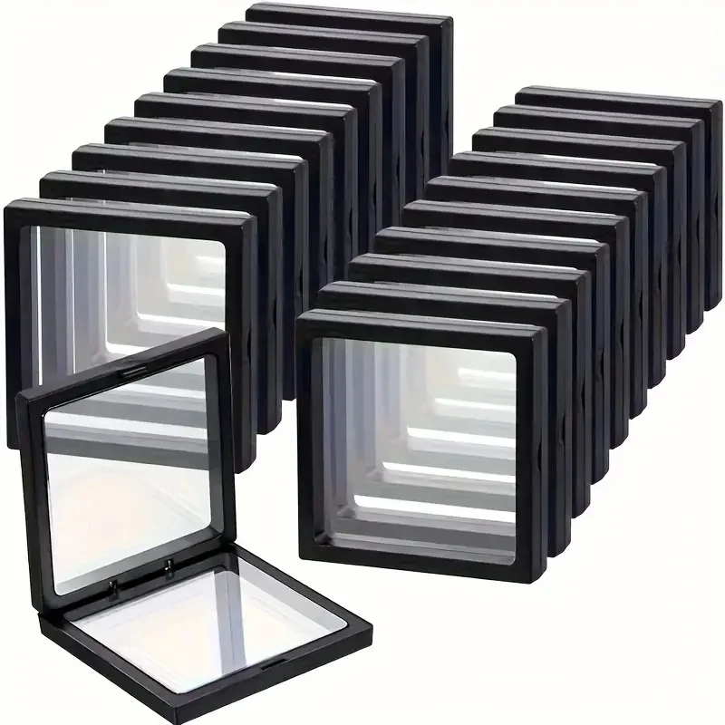 20 piezas Clearview 3D vitrinas flotantes caja de almacenamiento de joyería acrílica a prueba de polvo con película elástica organizador colgante transparente