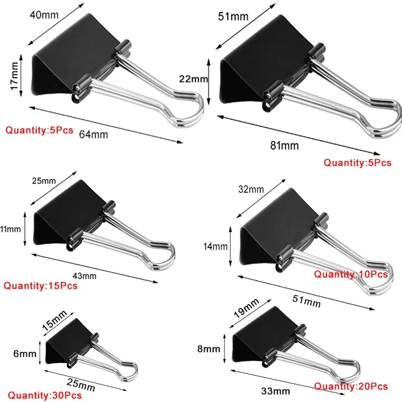 30/20/15/10/5Pcs Binder Clips Black Foldback Clips 15/19/25/32/41/51mm Office Clip Paper Clips for Home School Office Storage