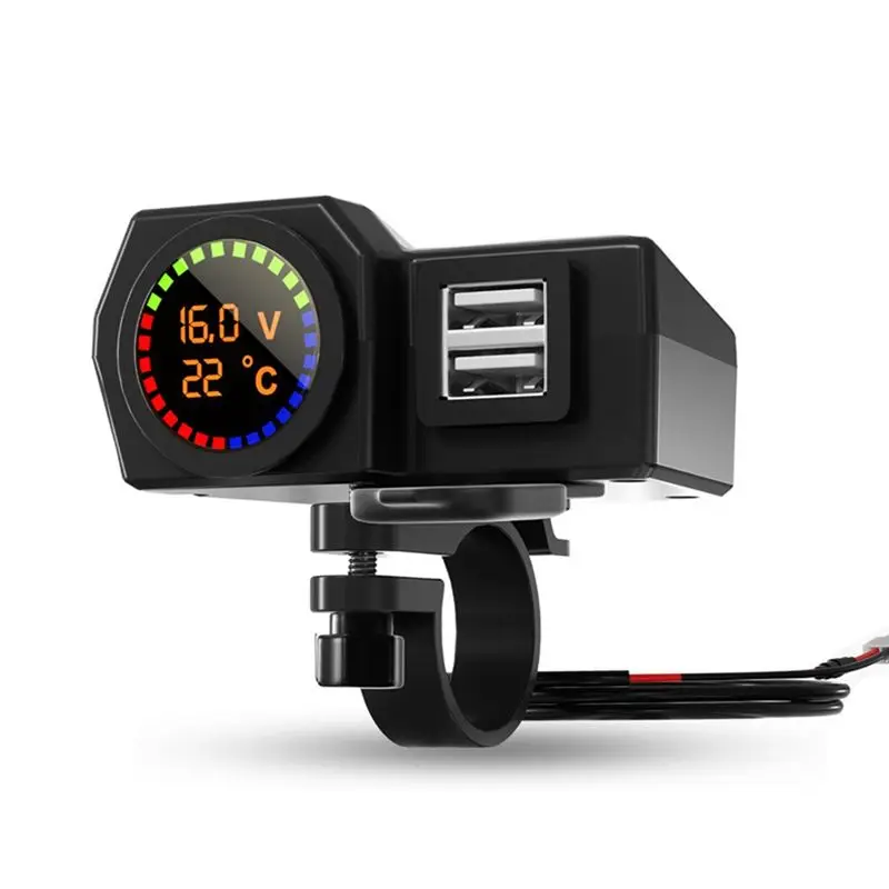 

Classy-Dual USB Mobile Phone Charging Function 3In1 Motorcycle Featuring Digital Voltage& Temperature Display, 5V3a Car
