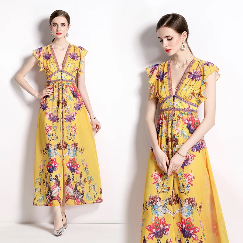 Robe Maxi en mousseline de soie jaune style bohème, col en v, manches volantes, simple boutonnage, imprimé floral, vêtements de vacances, N1969