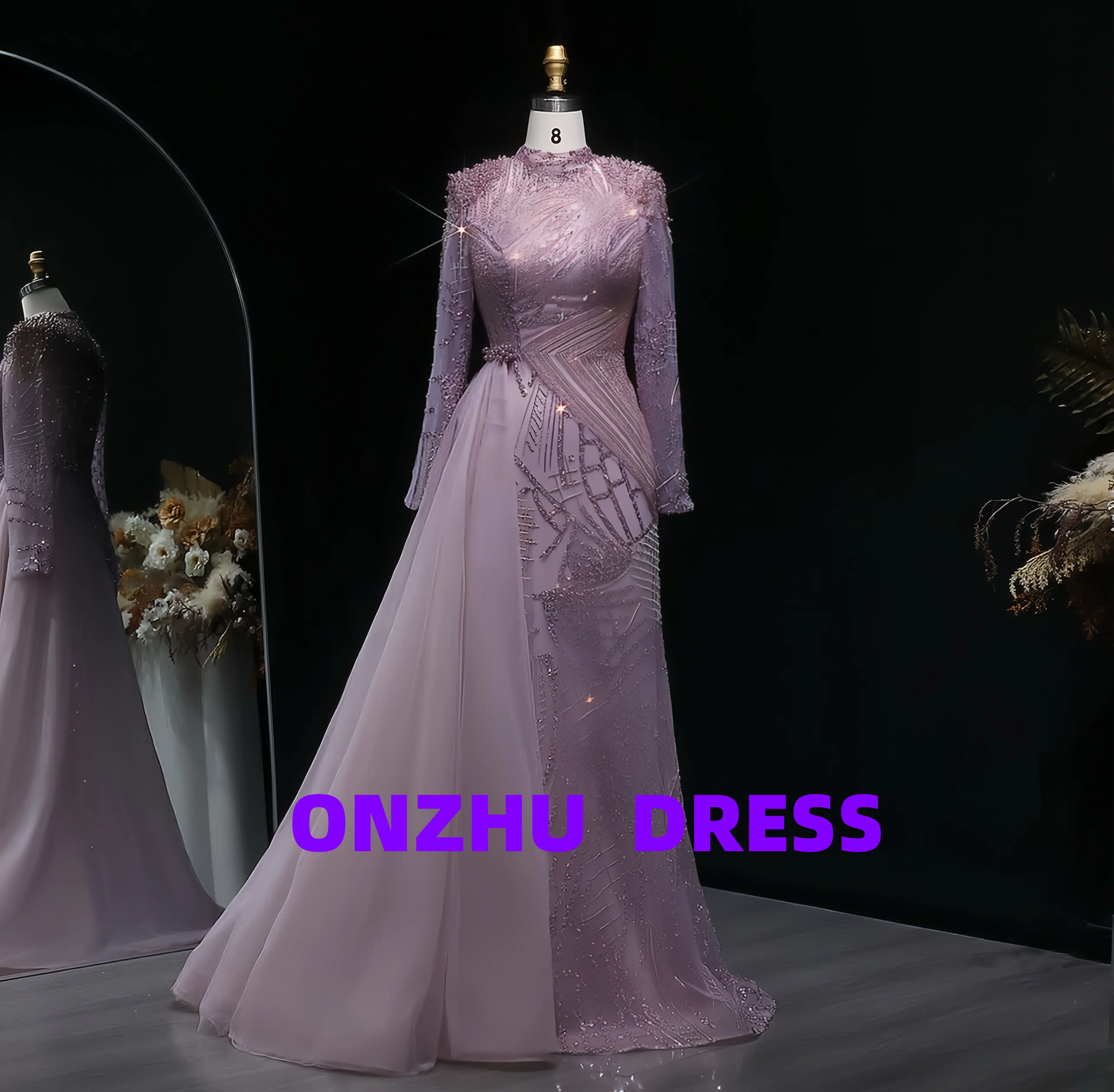 Personalizzato collo alto a maniche lunghe A-LINE abiti da sera eleganti abiti da soiree di lusso abiti da gala abiti da gala Party