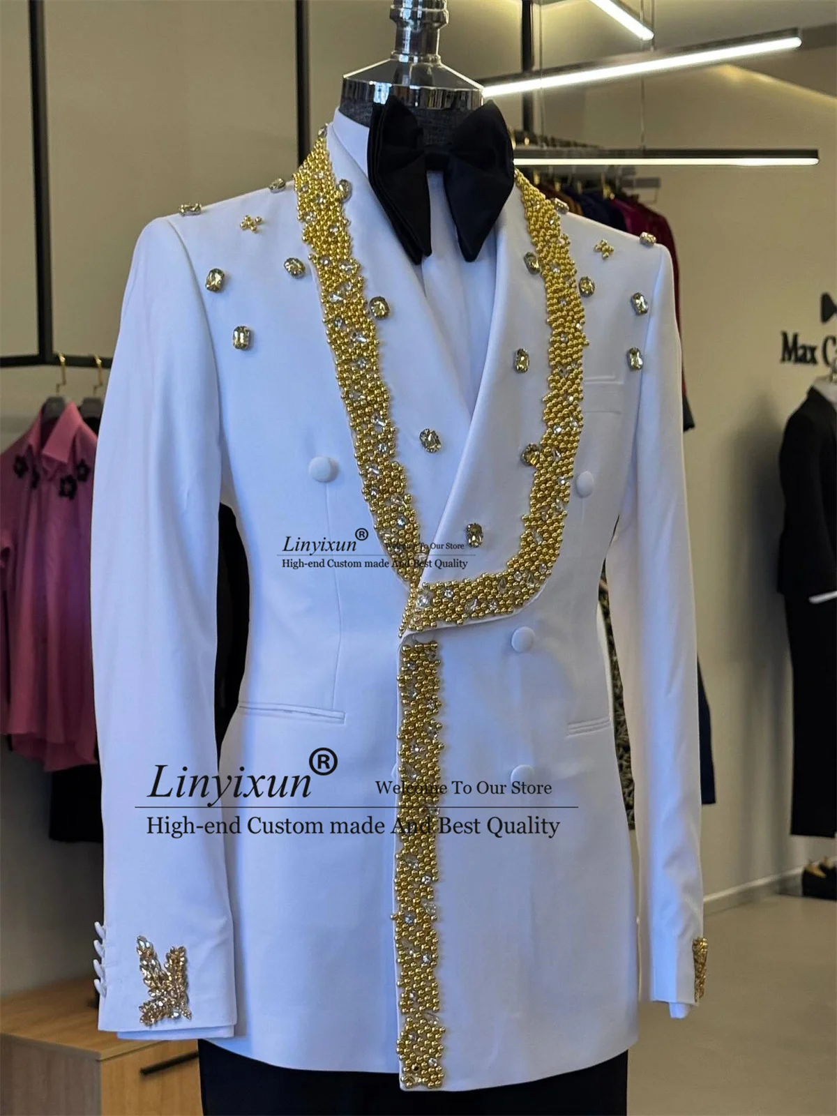 

High End Diamond Pearls Double Breast Men Suits 2 Piece Sets Wedding Party Tuxedo Customized Groom Slim Fit Blazer Ropa Hombre