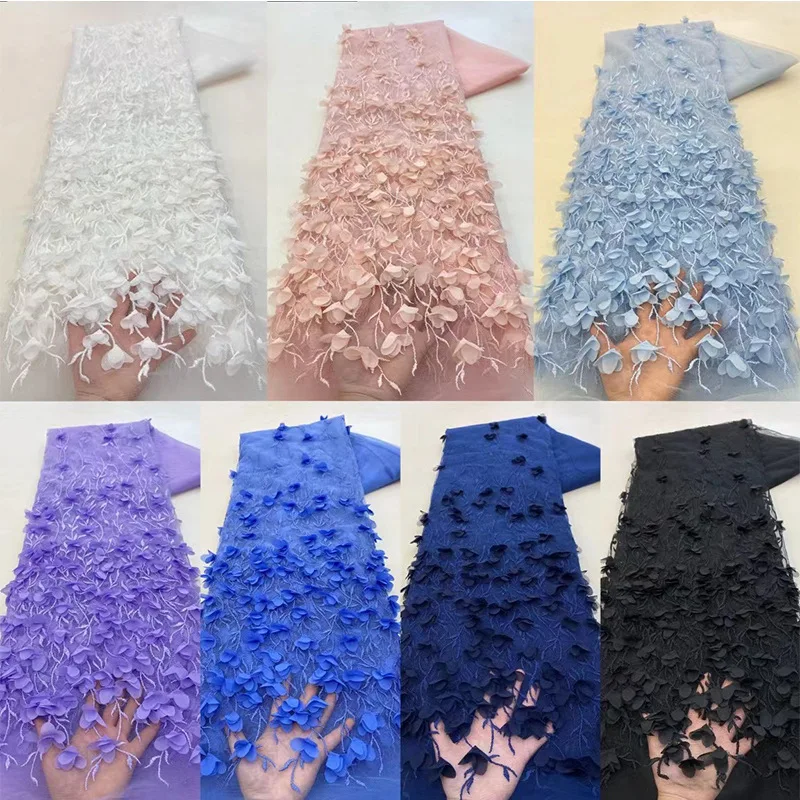 Embroidered 3D Flower Lace Fabric Sequin Wedding Dresses Stage Costume Bridal Evening Ball Gown Apparel Material