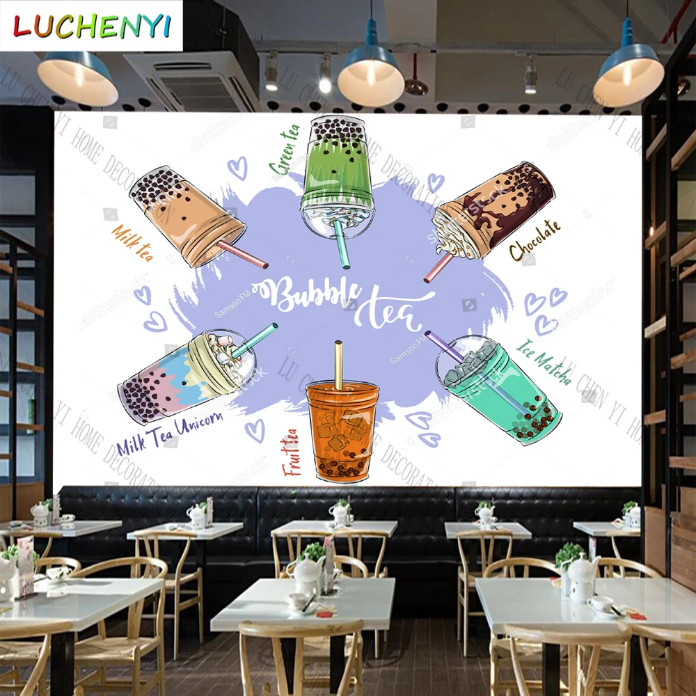 

Custom leisure time bubble tea wallpaper mural restaurant afternoon tea drinking shop dining room wall papers home decor sticker