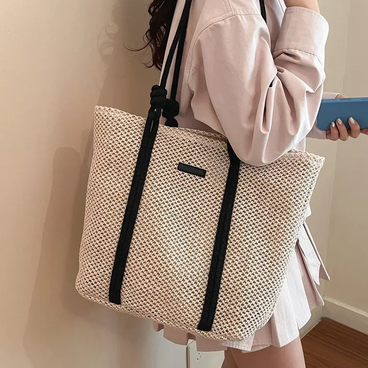 Spring Summer Women's Large Capacity Commuter Woven Shoulder Beach Vacation Tote Bag Casual Fashion Handbag Trendy Design