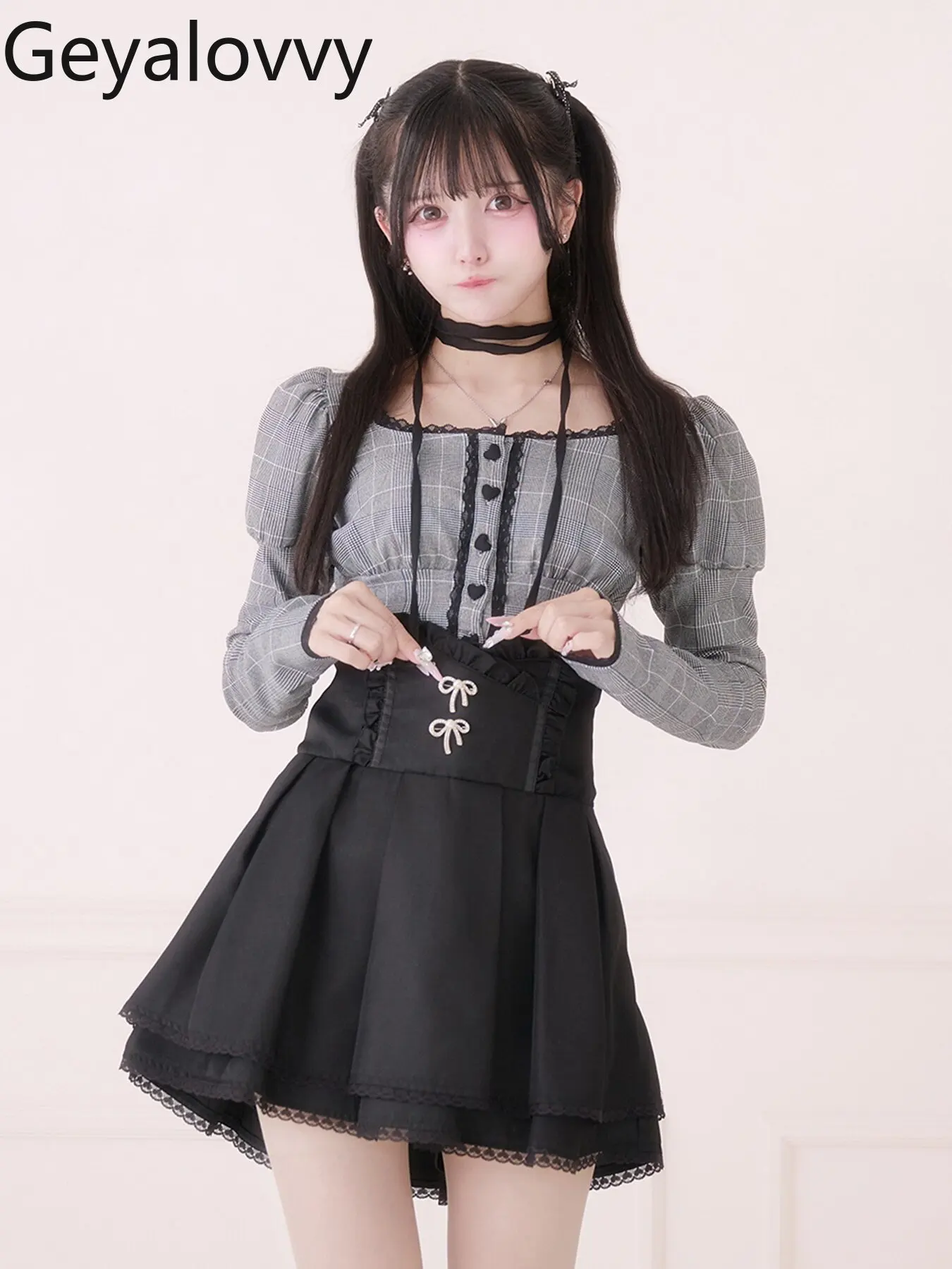 

2026 New Mass-production Style Japanese Sweet Girls Lace Heart Buckle Tie-up Tops Versatile Slim-fit Long Sleeve Shirt