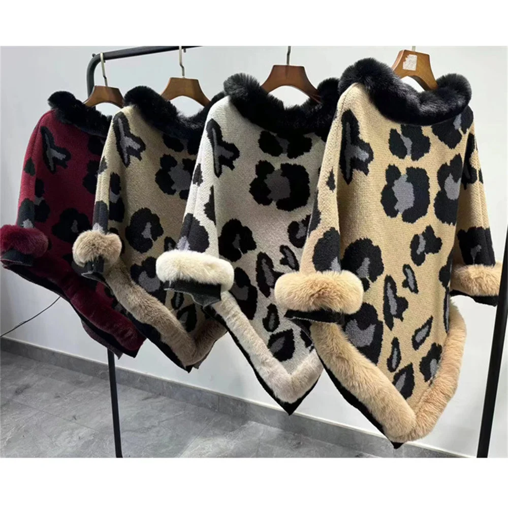 4 Colors 2024 Women Autumn Leopard Pullover Faux Fur O Neck Loose Triangle Cape Winter Thick Warm Shawl Overcoat