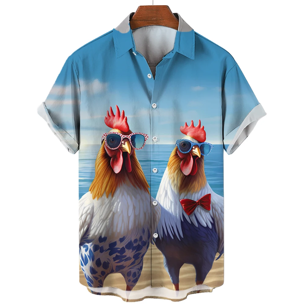 Men's Beach Chicken Printed Elegant Short Sleeved Summer Hawaiian Shirt Social Y2k Harajuku Oversized Tops Daily Casual Clothing