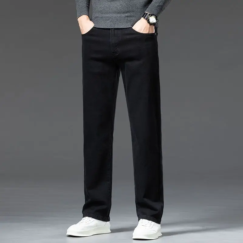 Calças de brim retas soltas masculinas preto high-end juventude casual versátil para outono e inverno 2025 novo