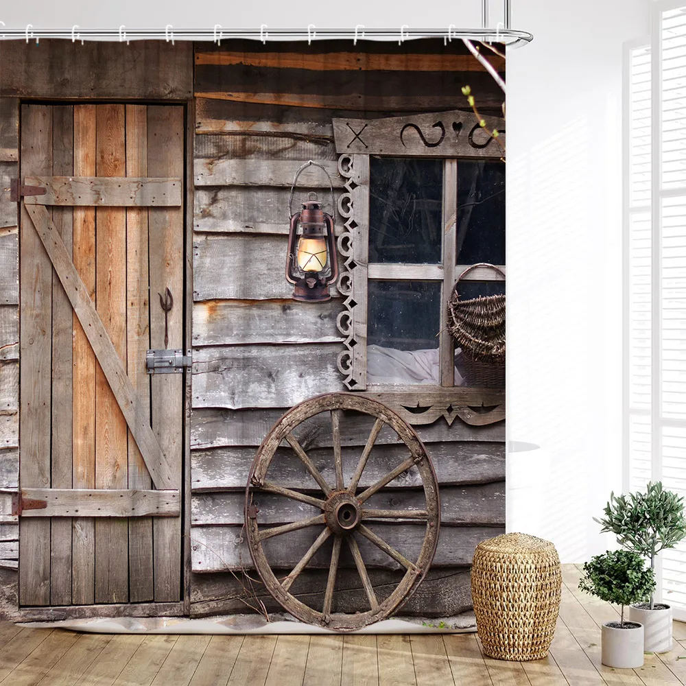 Vintage Wooden Door Shower Curtain Farm Barn Door Wheels Horseshoe Kerosene Lamp Pentagram Rustic Plank Home Bathroom Decoration