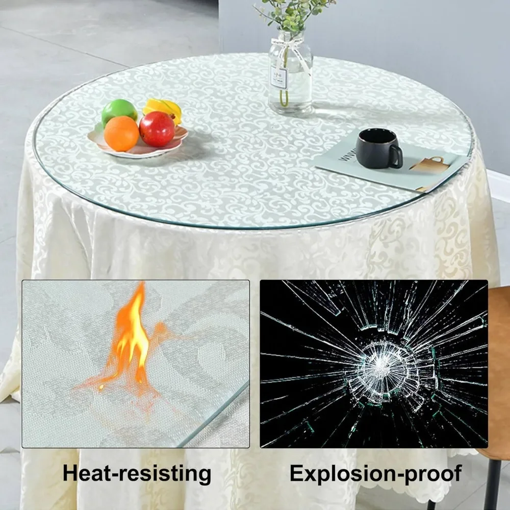 48" Tempered Glass Table Top Round Transparent Table Surface 3/8'' Thick Pencil Polished Edge Multipurpose for Dining, Coffee, R