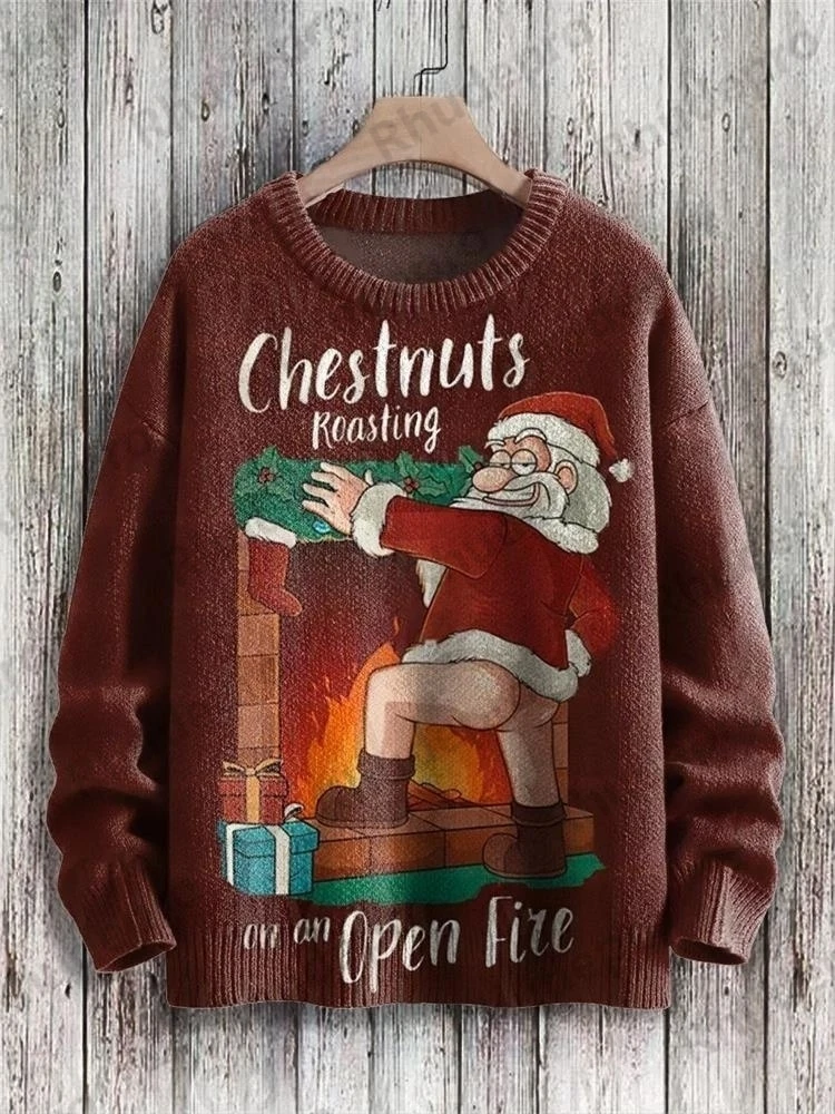 2027 Christmas Cute Santa Chestnuts Roasting On An Open Fire Art Pattern Print Casual Knit Pullover Sweater
