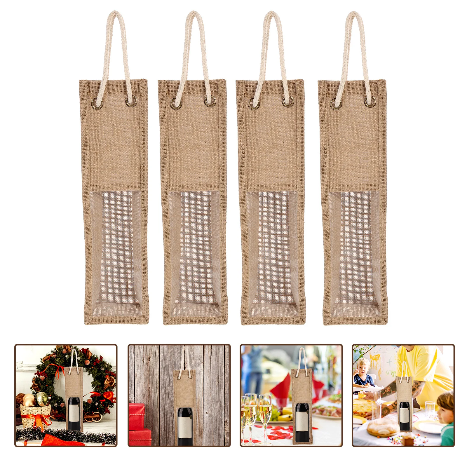 

4Pcs Wine Gift Pouch Burlap Jute Bag for Festival Present Reusable Bottle Carrier Strong Capacity Compact Design Wedding Party