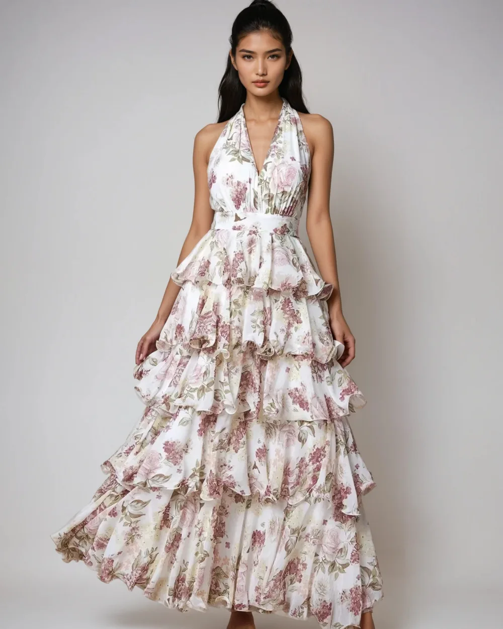 Bkld 2025 primavera novos vestidos longos femininos festa clubwear moda sexy com decote em v cinta multi camada impresso vestido sem mangas