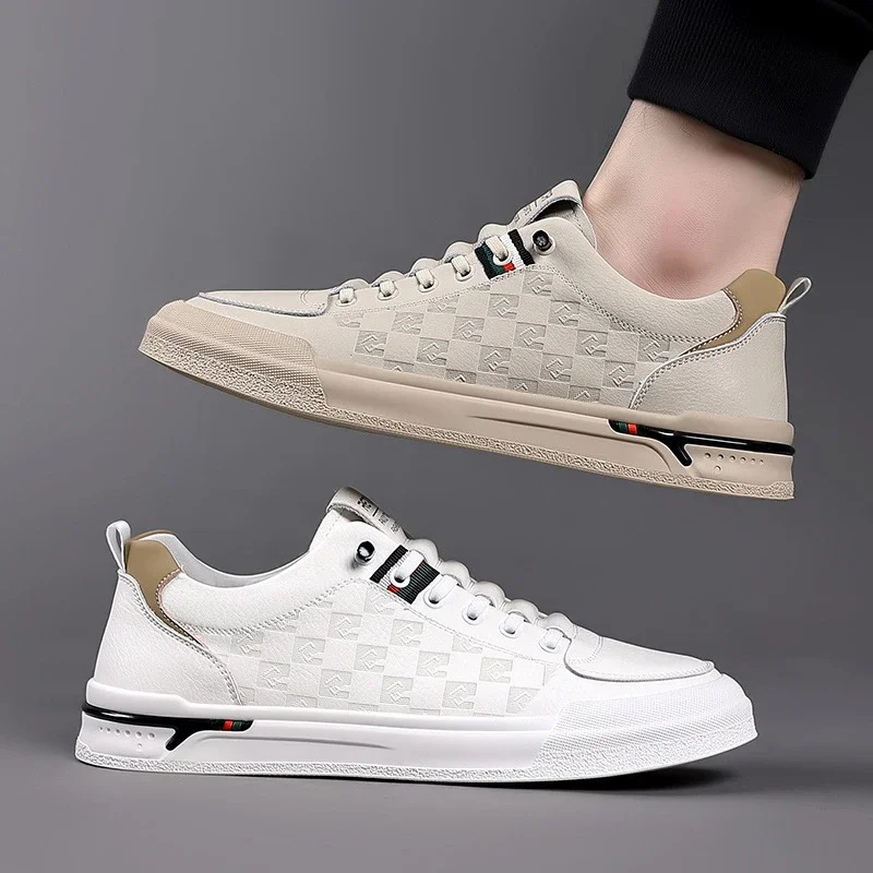 

Fashion Men Genuine Leather Casual Shoes Designer White Flat Skate Shoes Young Man Lace-up Loafers