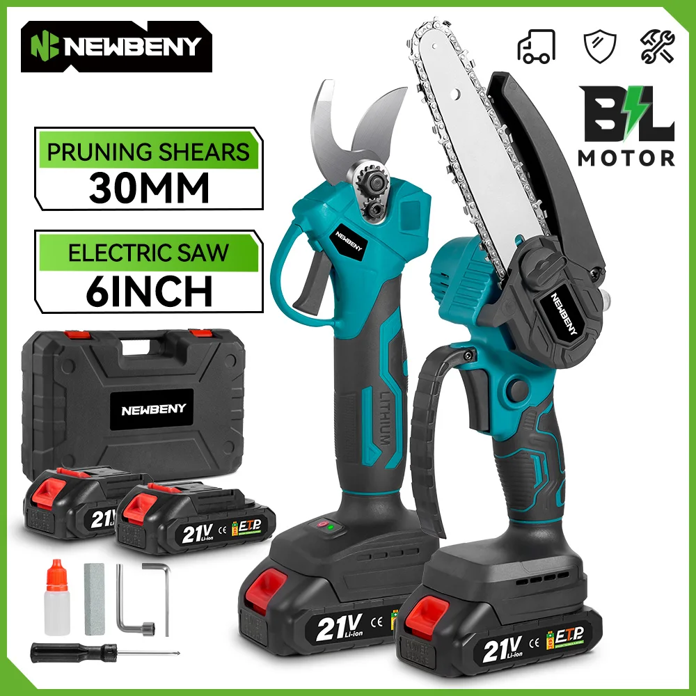Newbeny Bürstenlose Elektrische 6-Zoll-Kettensäge & 30mm-Gartenschere Kombi-Set Kabelloses Schneidegerät Elektrowerkzeug-Set für Makita 21V Akku