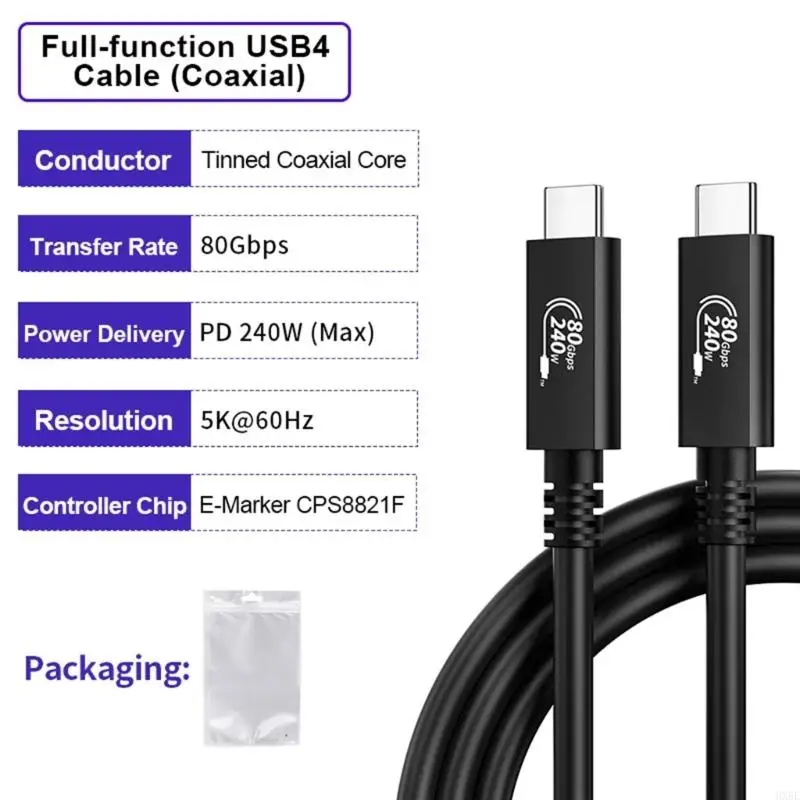 Type C Cable 80Gbps USB4 240W Fast Charging Data Sync Cord for Large File HX5E