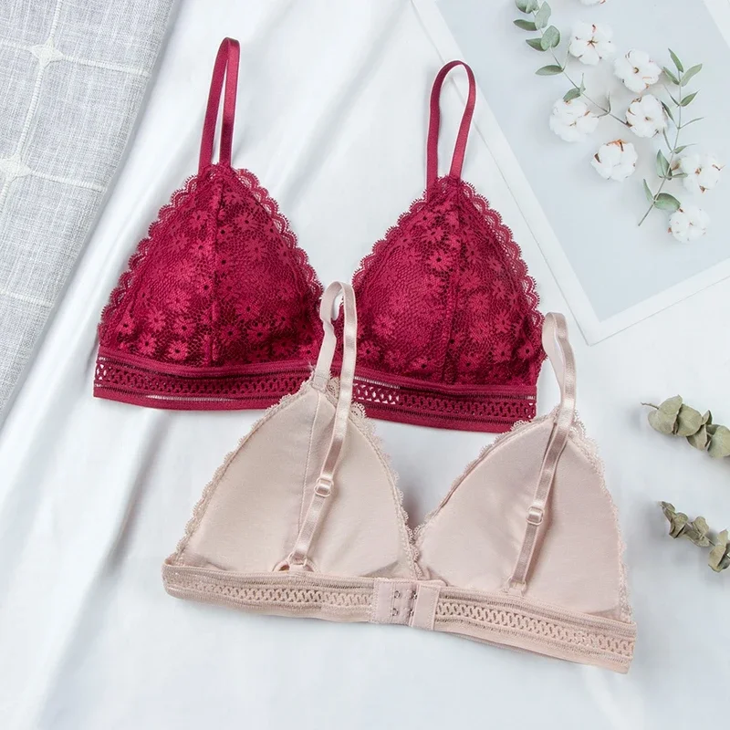 Sutiã de renda floral feminino sexy beleza roupa interior cor sólida bralette feminino sutiã sem fio sem costura sutiãs acolchoados oco para fora lingerie