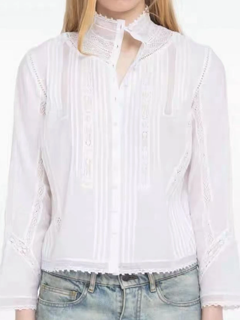 

Long Sleeved Shirt for Spring and Summer 2026 Comfortable and Elegant Lace Embroidered White Pure Cotton Long Sleeved Shirt