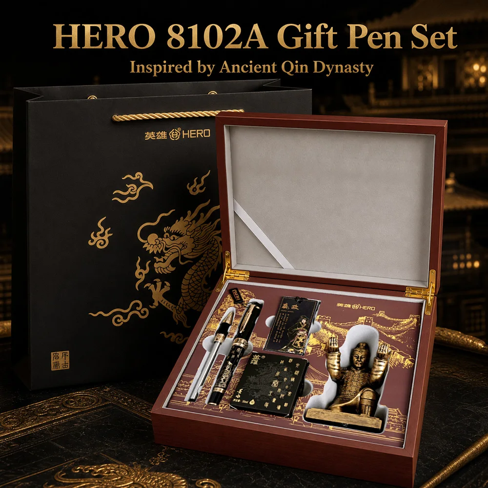HERO 8102A Qin Shi Huang Dual Tip Pen Set, Iridium Fountain Pen & Ballpoint Pen, Kneeling Archer Terracotta Warrior Pen Holder,