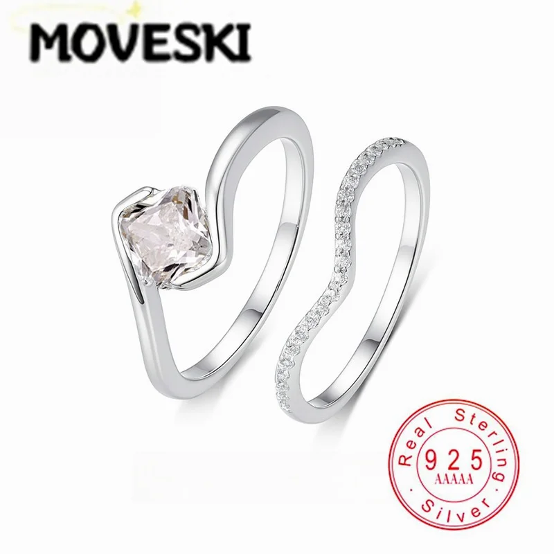 MOVESKI 2Pcs Set 1.2CT Cushion Cut Moissanite Solitaire Matching Stackable Real 925 Sterling Silver Jewelry For Women