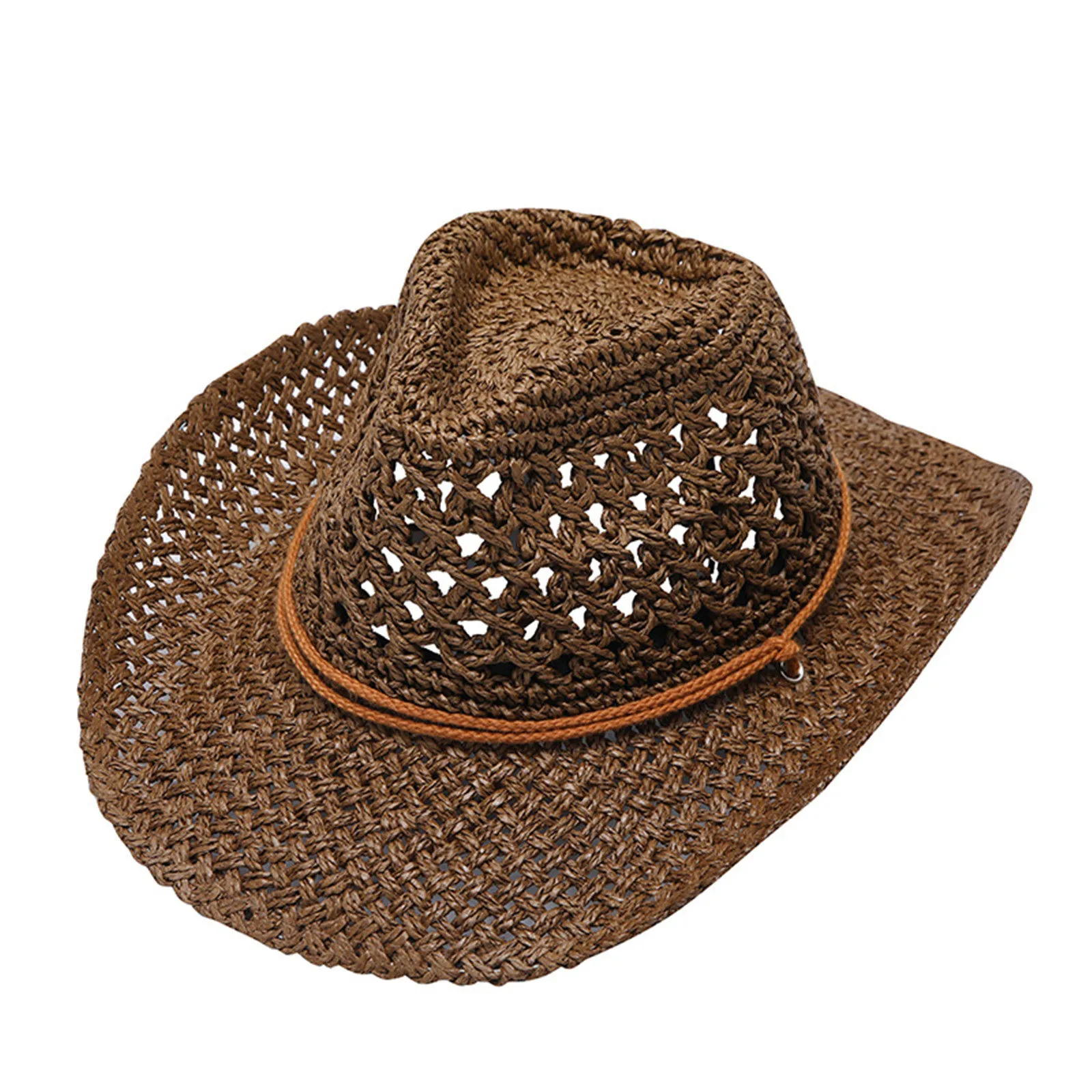 Straw Western Cowboy Hat for Women Men Classic Vintage Hollow Out Unisex Curled Wide Brim Sun Hat Fishing Hat Climbing Cap