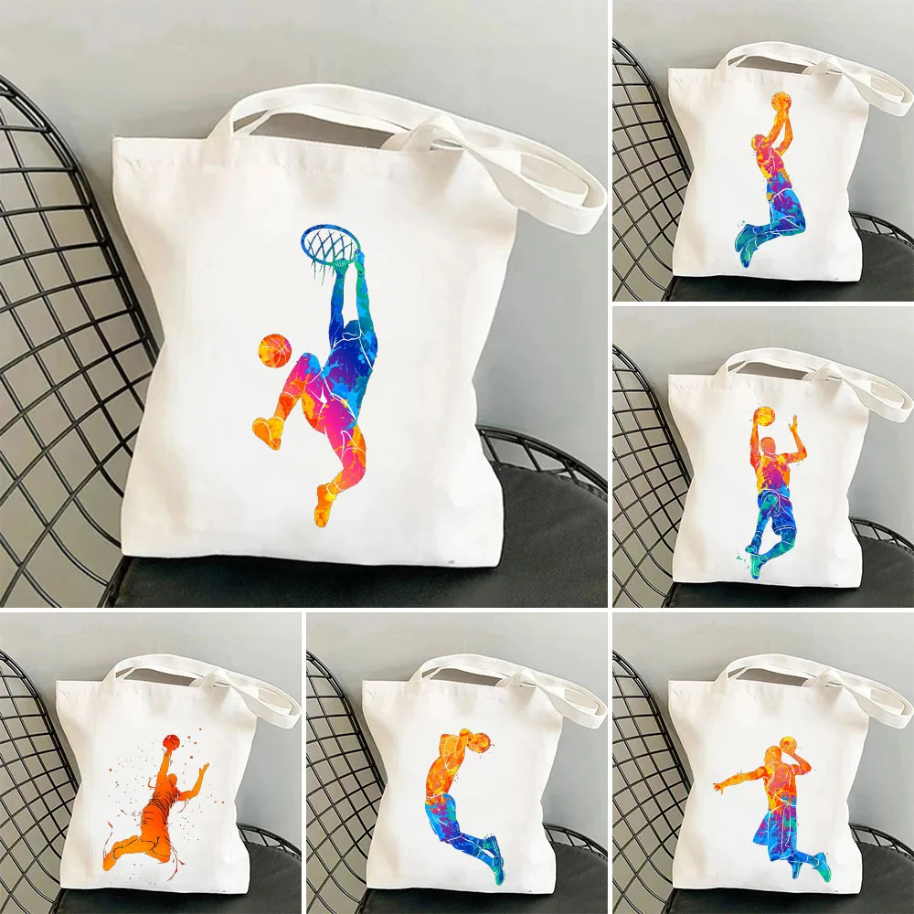 Sports Basketball Ball Court Rebounds Basketry Basketball Players Women Canvas Shoulder Tote Bags Cotton Shopping Beach Handbags